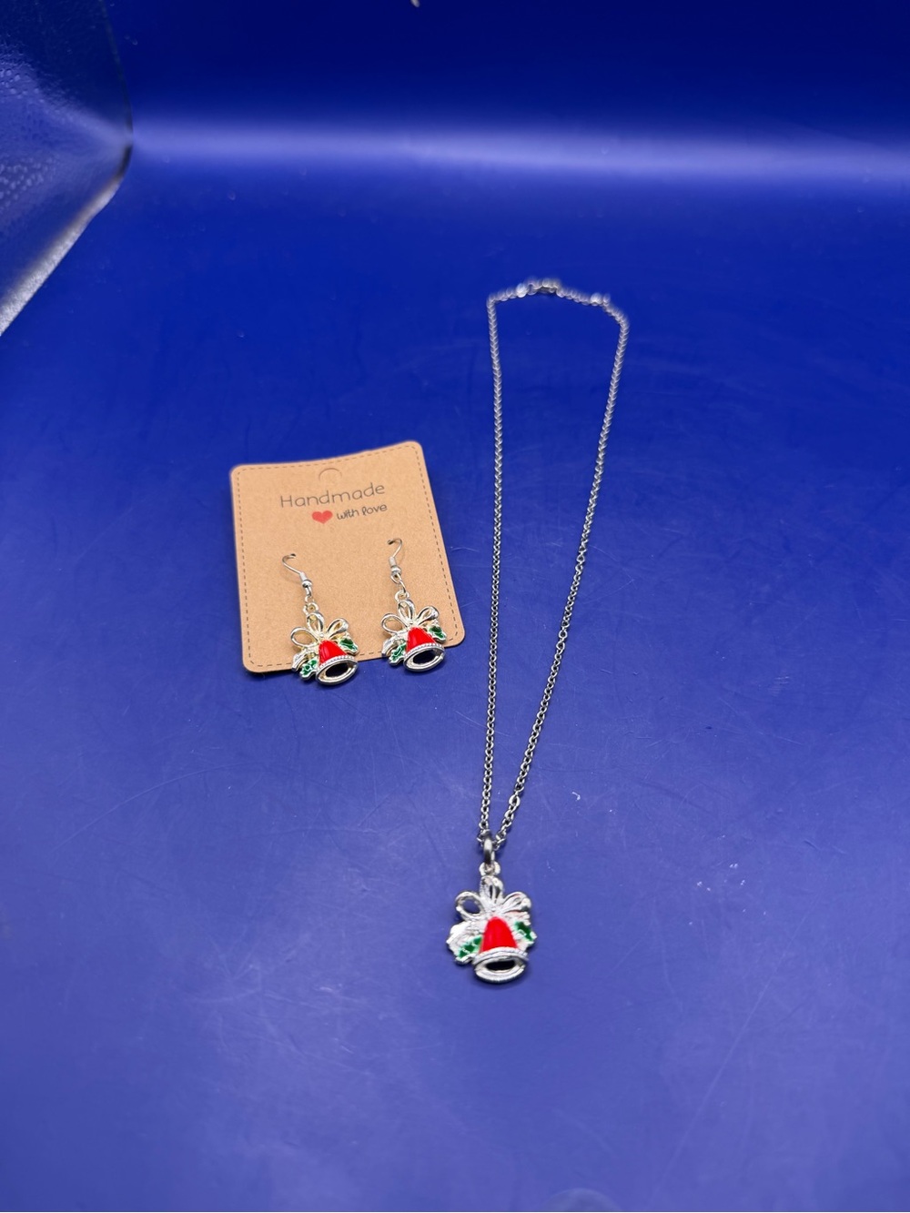Silver-Tone Red & Green Holiday Bell Necklace and Earring Set